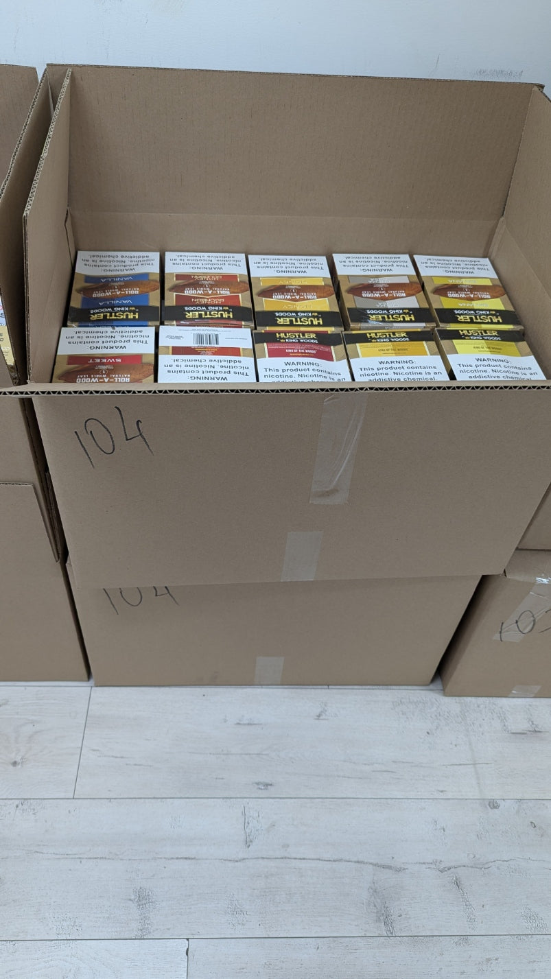 Hustler Natural Whole Leaf - 6 pouches per box/ 180 retail units - $0.55 per unit (6 Flavors / 30 per Case))