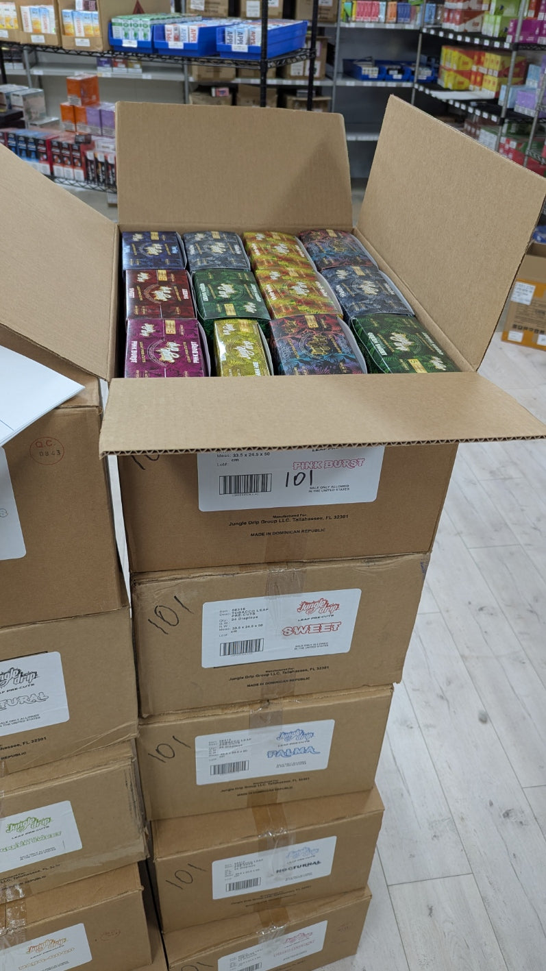 Jungle Drip Leaf Pre-Cut 5 leaves 10 pouches per box / 240 retail units - $0.41 per unit (8 Flavors  / 24 per Case)