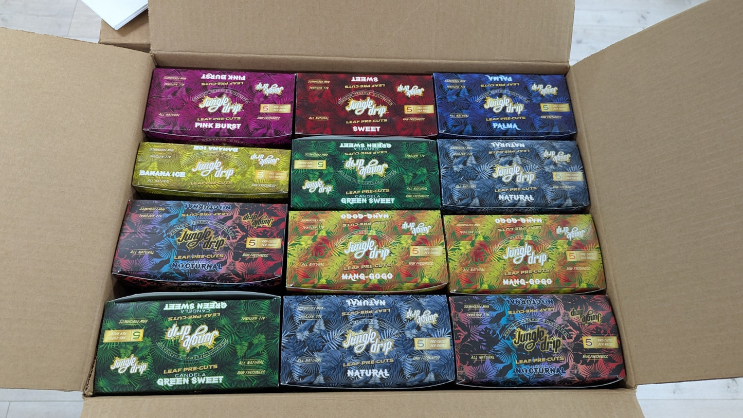 Jungle Drip Leaf Pre-Cut 5 leaves 10 pouches per box / 240 retail units - $0.41 per unit (8 Flavors  / 24 per Case)