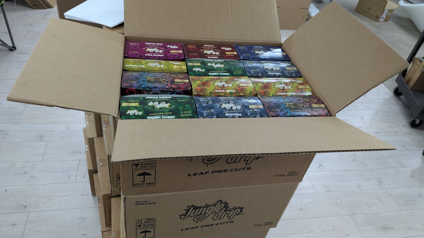Jungle Drip Leaf Pre-Cut 5 leaves 10 pouches per box / 240 retail units - $0.41 per unit (8 Flavors  / 24 per Case)