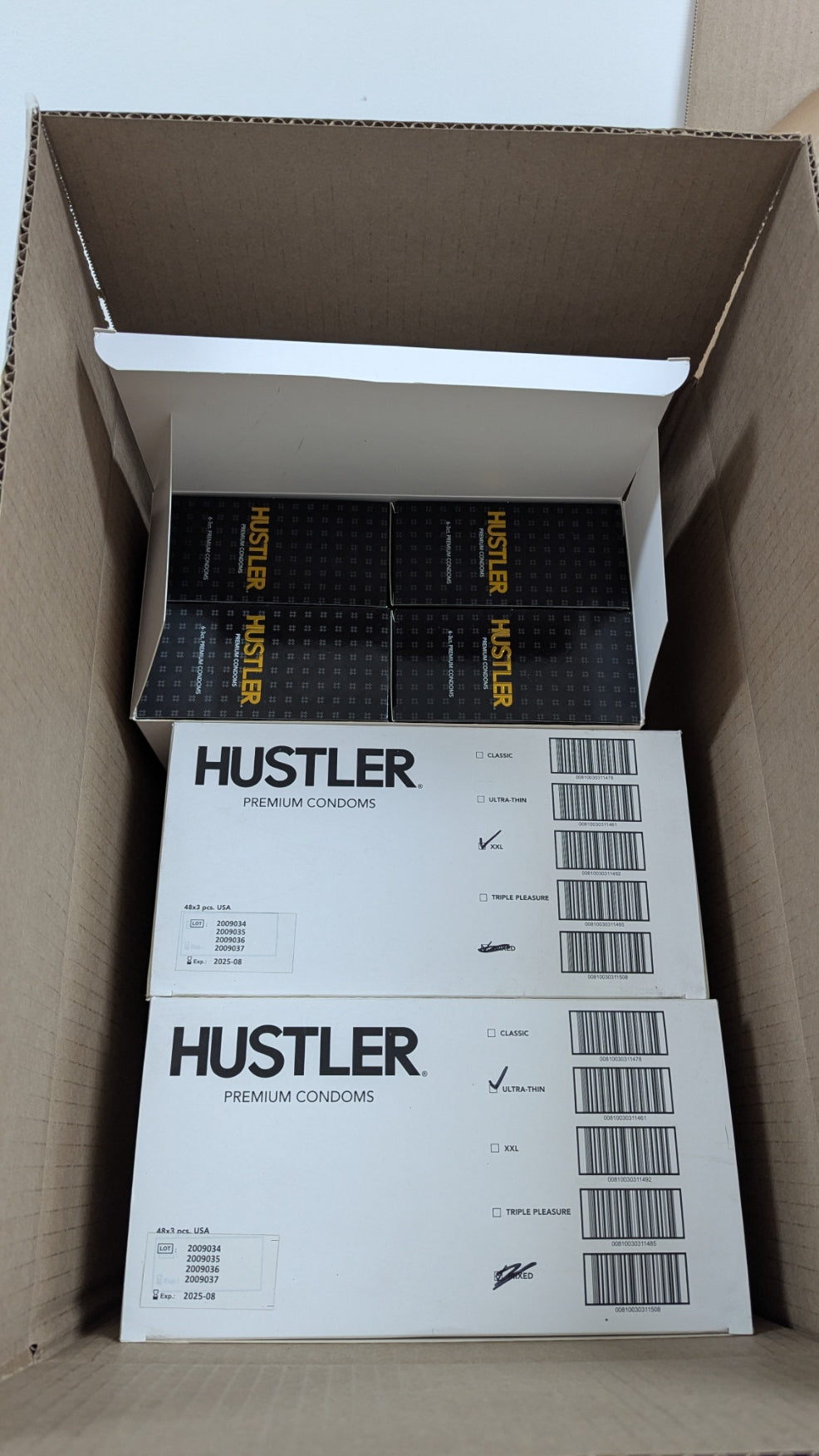 Hustler Condoms - 288 retail packs - $0.52 per pack (3 per pack / 4 sizes)
